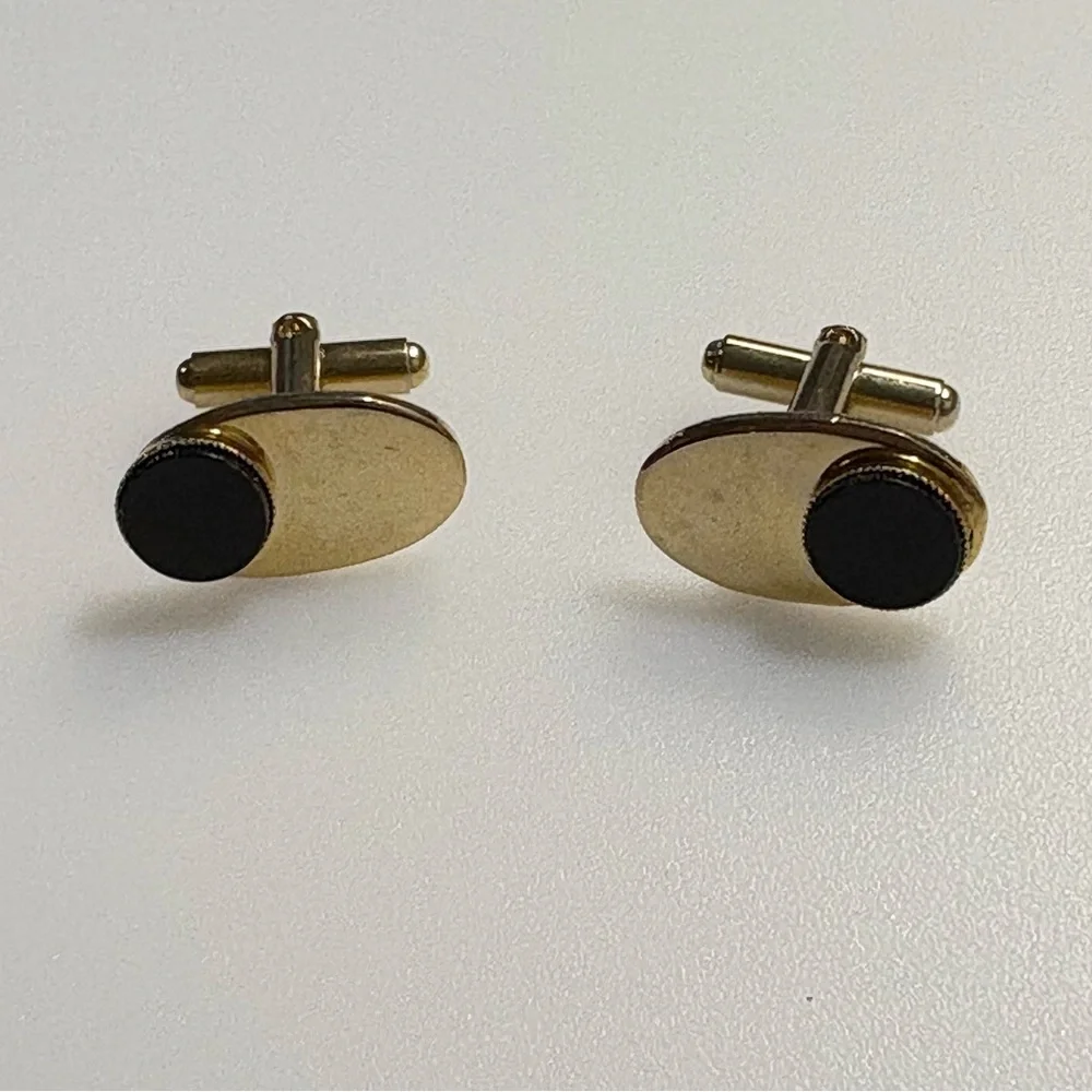 Cuff Links Gold Tone with Black Stone Accents